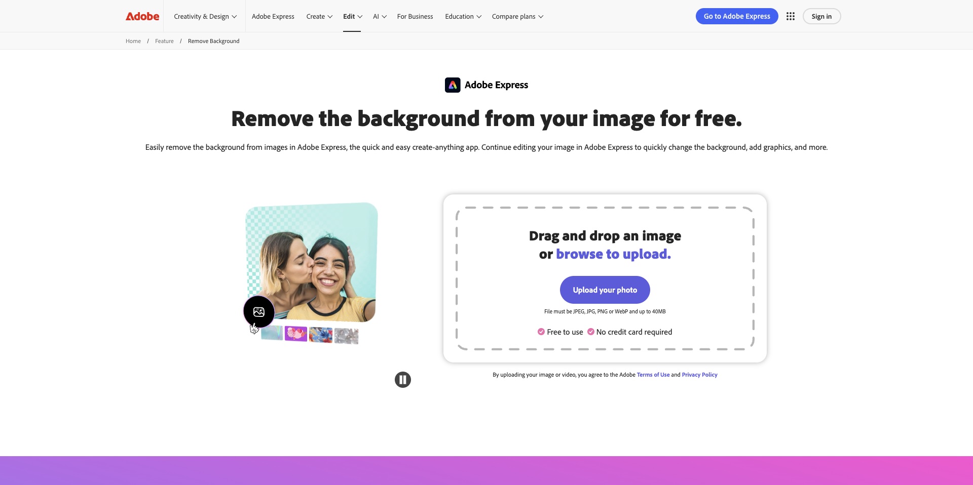 Adobe Express online editor interface featuring Sensei AI background removal tool with quick actions and Creative Cloud integration