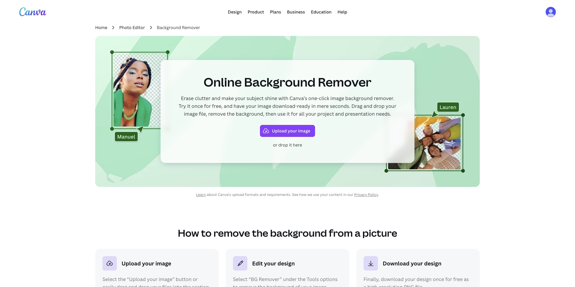 Canva design platform showing integrated background remover tool with design templates and one-click removal feature