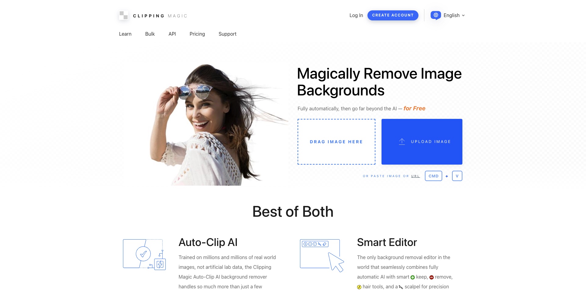 Clipping Magic editor interface showing manual background removal tools including scalpel tool, hair tool, and edge detection controls