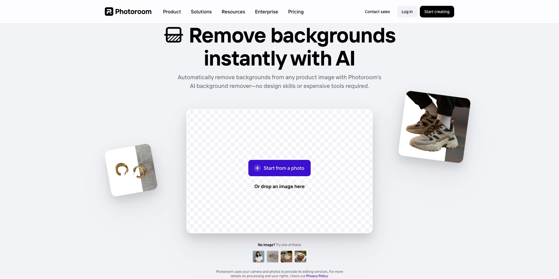 PhotoRoom interface displaying background removal tool with template library and editing options on smartphone screen