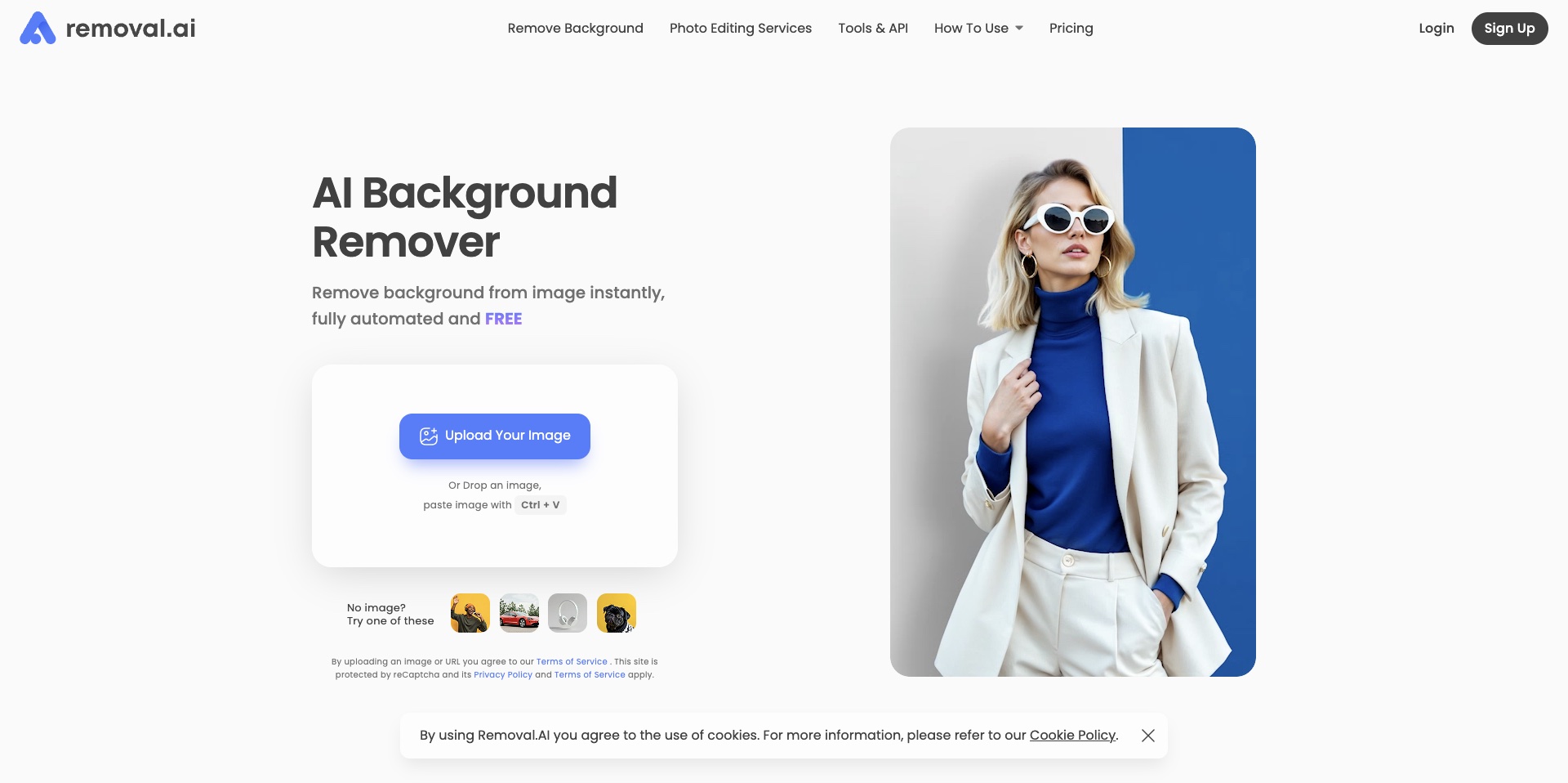 Removal\.AI web interface featuring automatic background removal with lifetime plan pricing and multiple export format options
