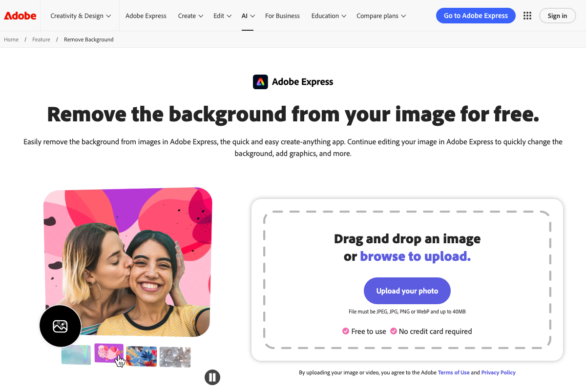 Adobe Express quick actions menu featuring background remover tool with Creative Cloud integration