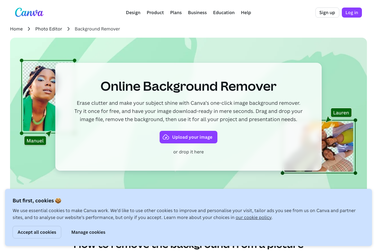 Canva design platform showing background remover tool integrated with template editor and design elements library