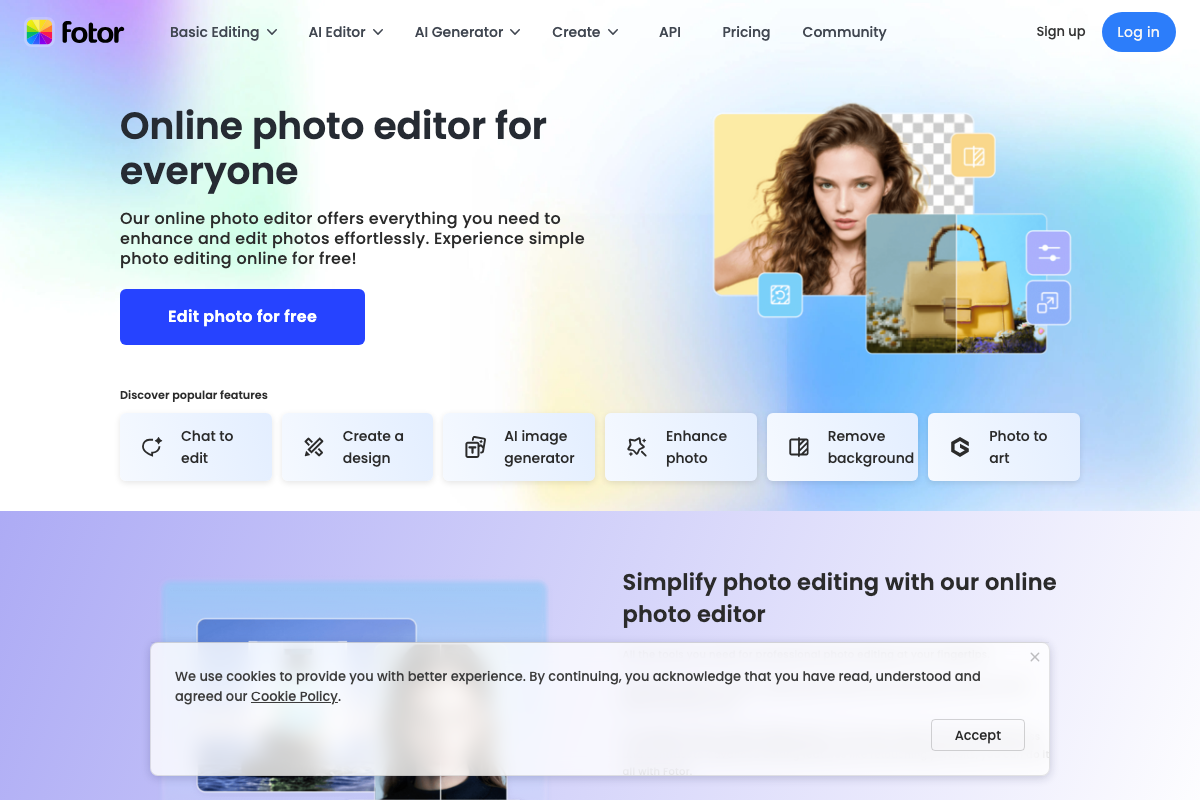 Fotor photo editing interface showing one-click background removal and batch processing options