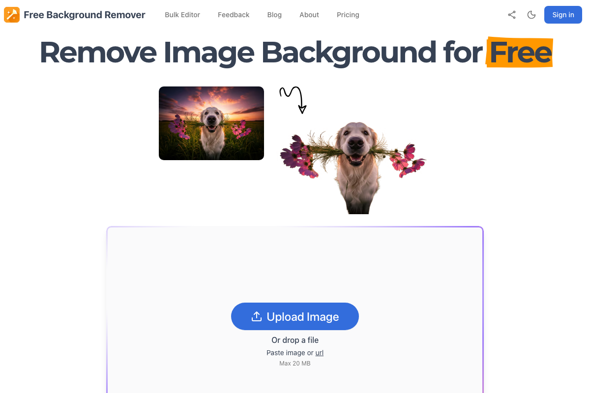 Free Background Remover web interface showing image upload area with drag-and-drop functionality and instant preview panel