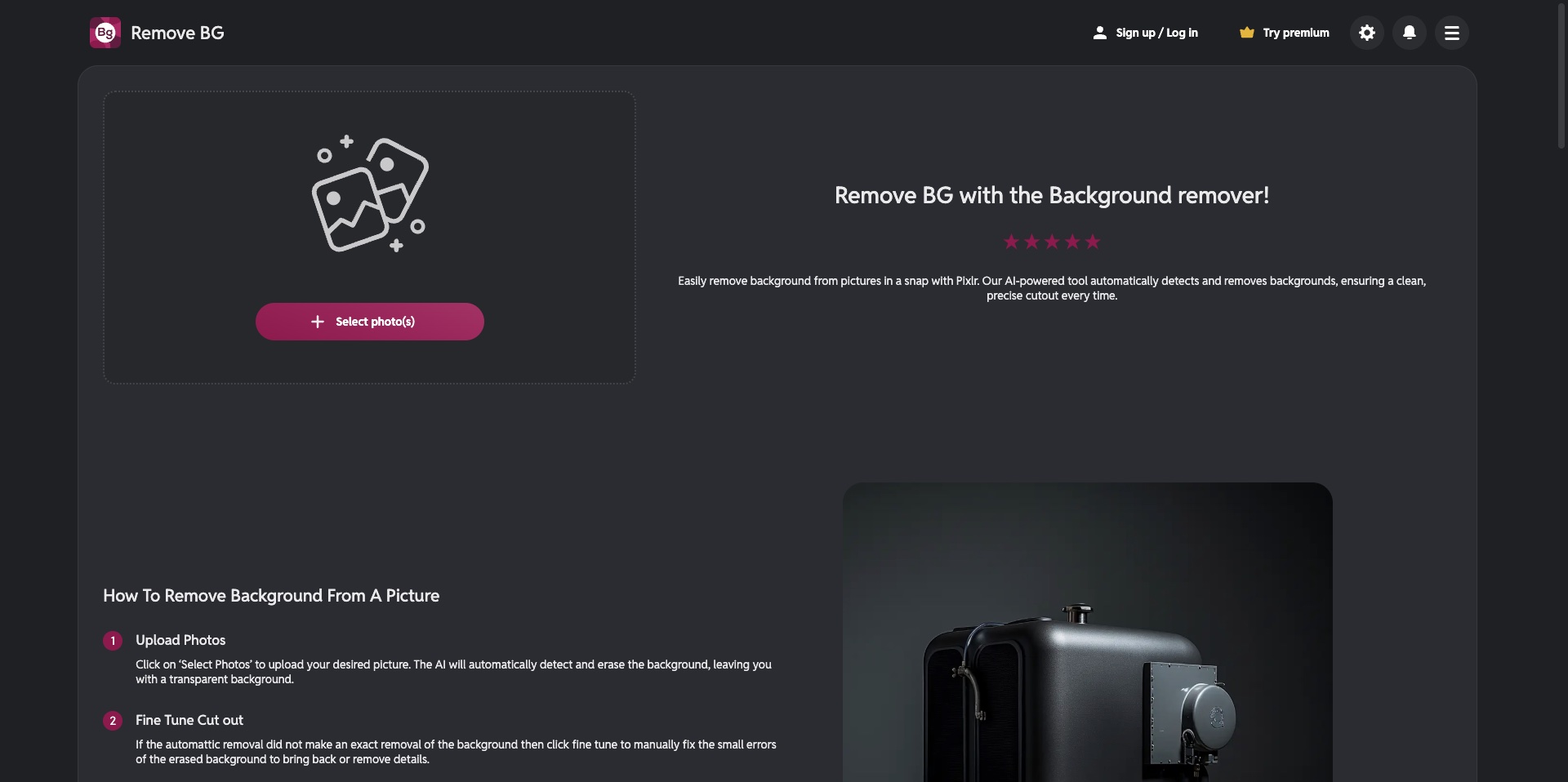 Pixlr advanced photo editor interface with background removal tool active and layer panel visible