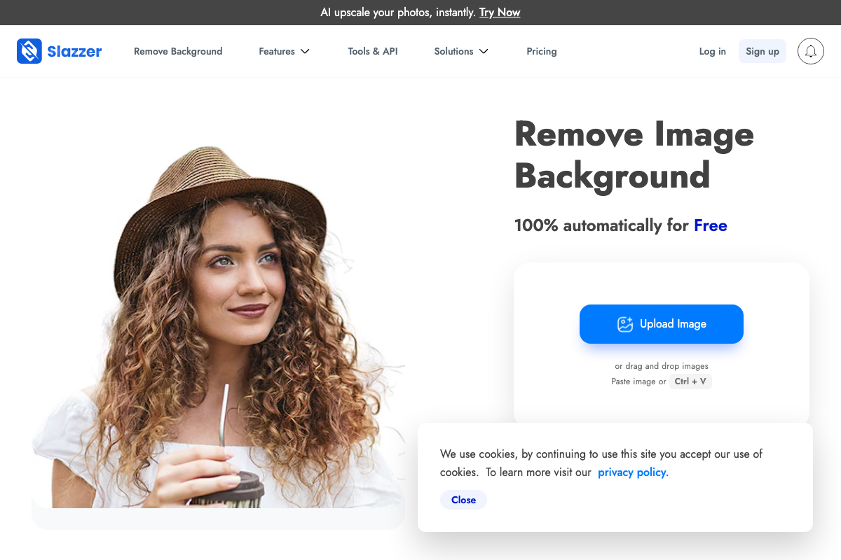 Slazzer background remover showing Shopify integration and WooCommerce plugin options for e-commerce sellers